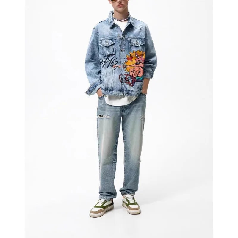 Men's Spring and Autumn Print Denim Jacket