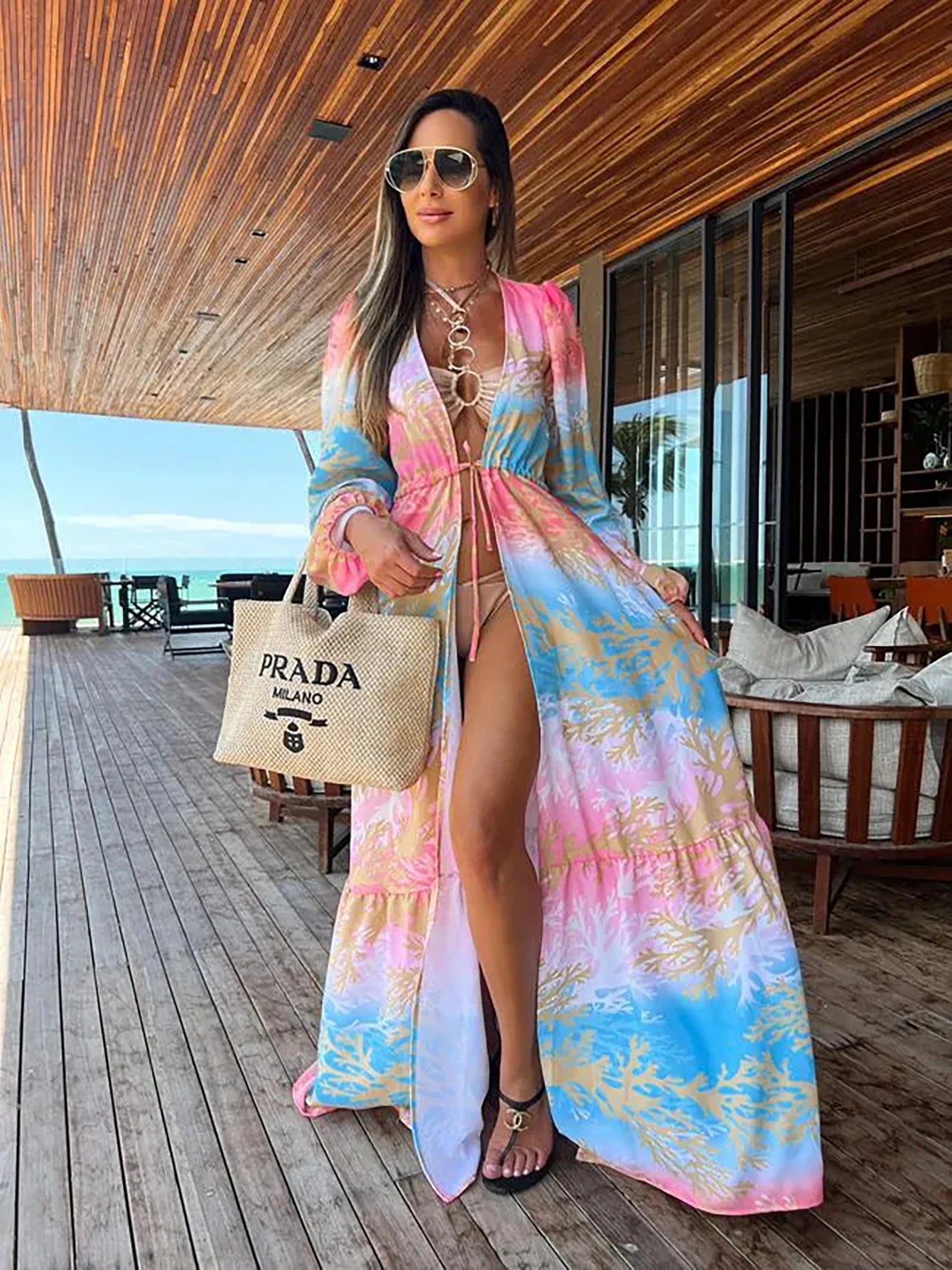 Women's Cover-ups Tunic Casual Print V-Neck Beach Outfits Long Kaftan Beach Dress