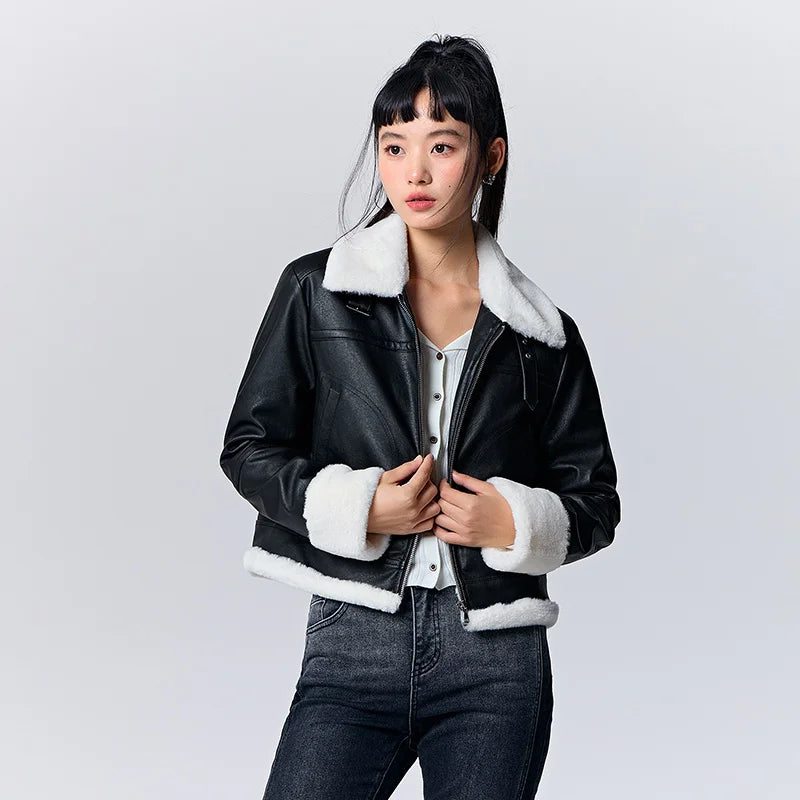 Quilted Faux Leather Cropped Jacket - Women's Winter Outerwear