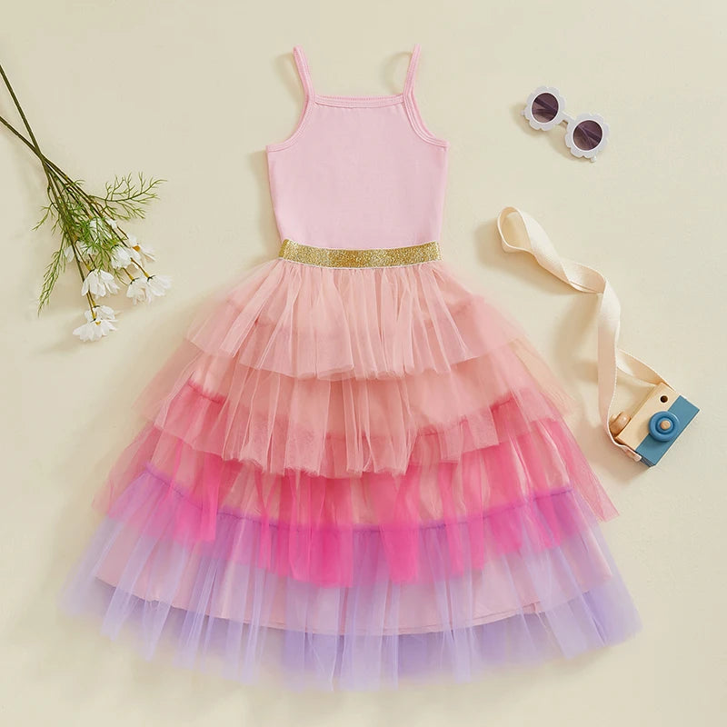 2-7Y  Kids Girls Summer Clothes Sets Sleeveless Camisole with Rainbow Lace Tulle Skirt