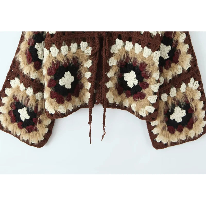 Boho Plaid Handmade Crochet Cardigan - Long Sleeve Lace Up Autumn Sweater