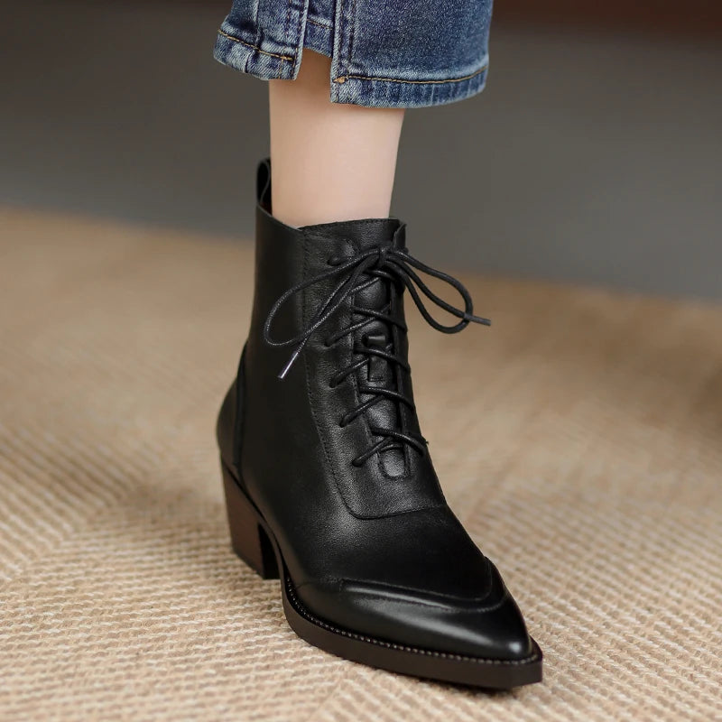 Women's Ankle Lace-up Genuine Leather Thick High Heels  Boots