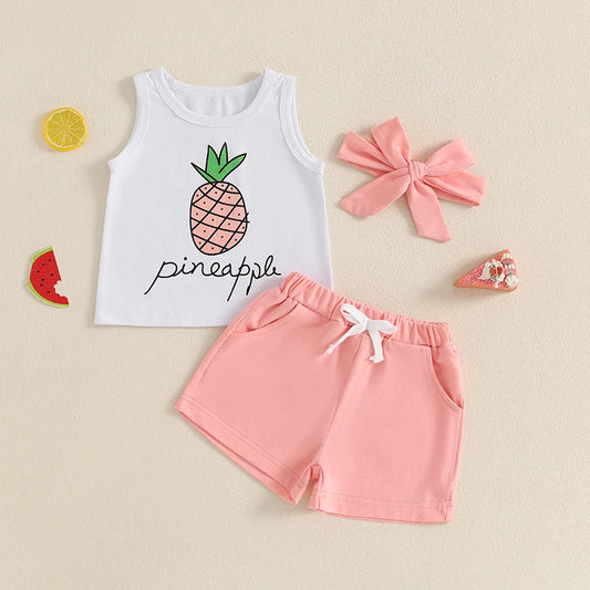 3pcs Baby Girl's Summer Clothes Sets 0-3Y Pineapple Print Sleeveless Tank Elastic Waist Shorts Tie-up Headband