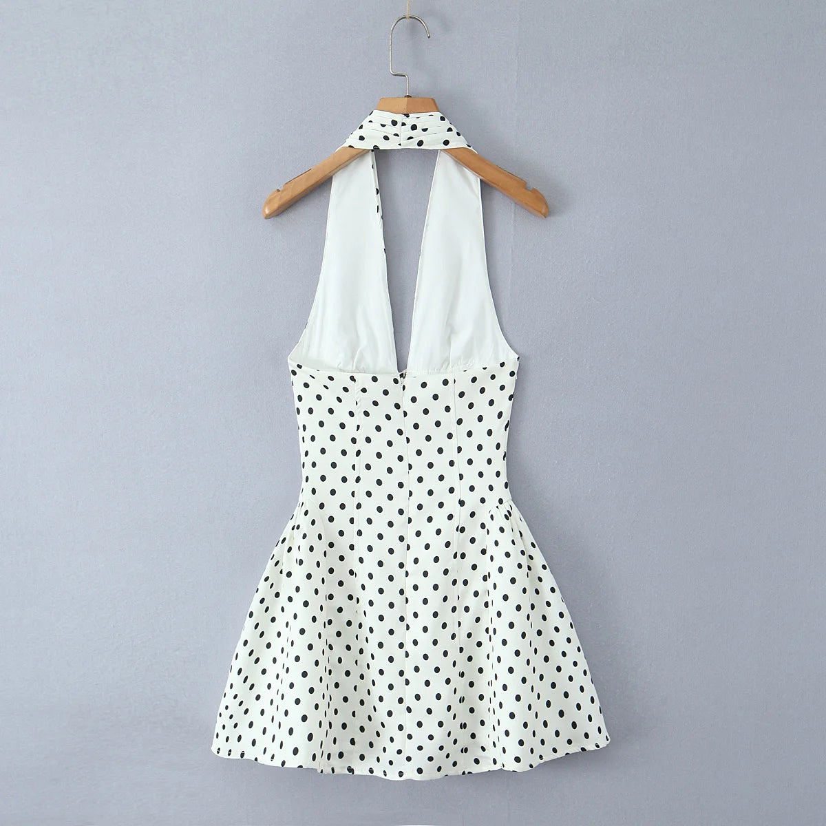 Polka Dot Halter Mini Dress - Deep V Backless A-Line Dress