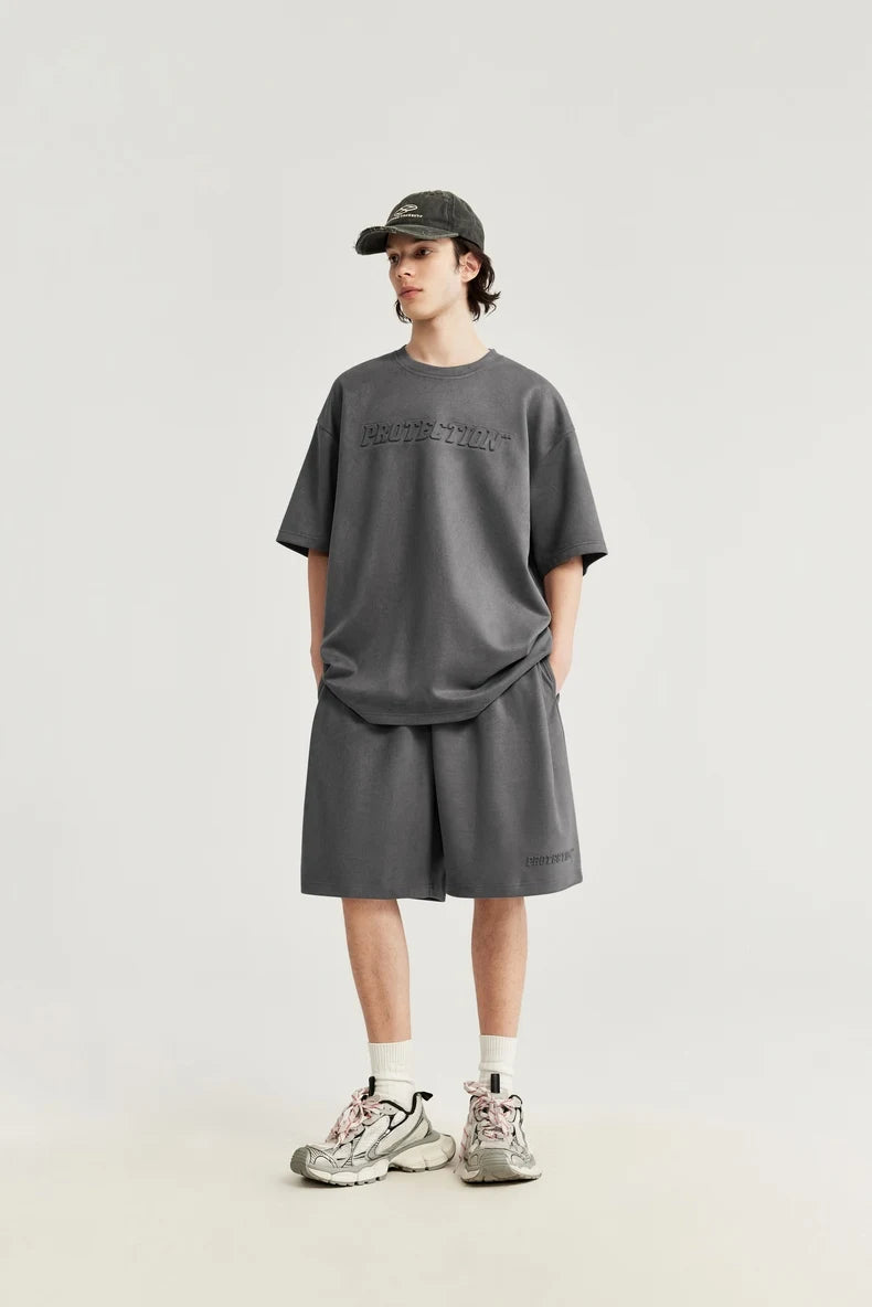 Unisex Oversized Suede Fabric Embossed T-shirts and Shorts Set