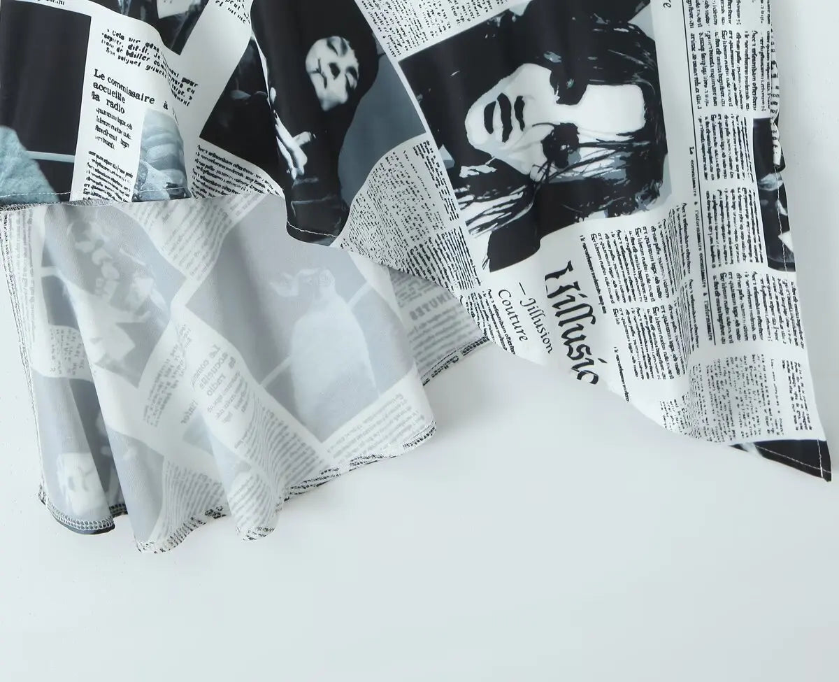 Newspaper Print Sling Dress - Backless Chain Strap Dress