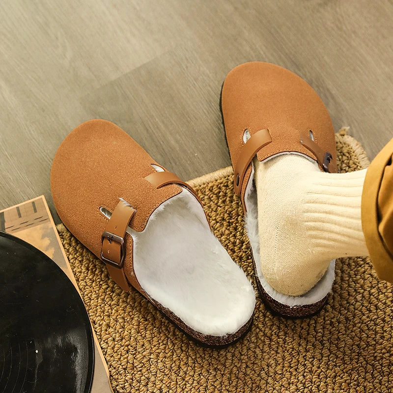 Winter Plush Slippers - Men's Warm Closed Toe Buckle Design Clogs
