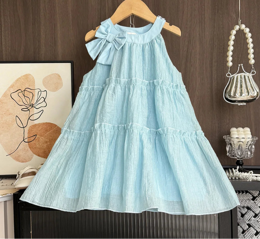 Girl's Neck Hanging Summer Plain Casual Bow Sleeveless Easter Dress