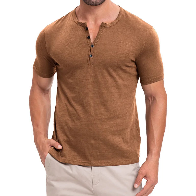 Men's Summer Henry Collar Short Sleeve Casual Pullover T-Shirt