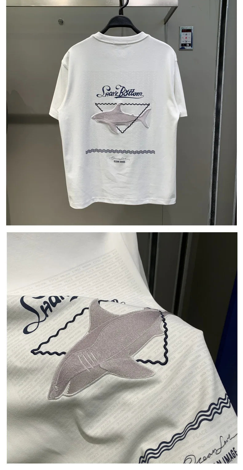 Men's Embroidered T-Shirt Shark Patch Back Detail Crew Neck Short Sleeve