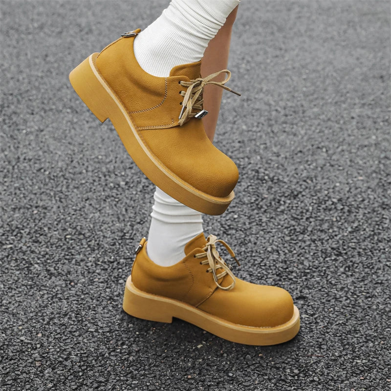 Men's Platform Leather Sneakers - Lace-Up Work Shoes