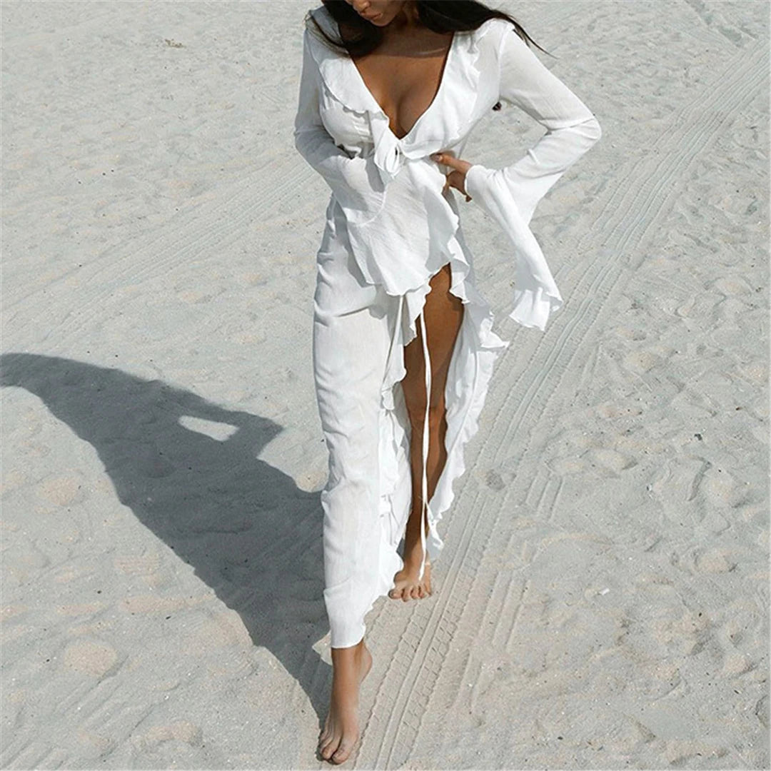 V Neck Ruffled Long Sleeve Chiffon Beach Cover Up Dress