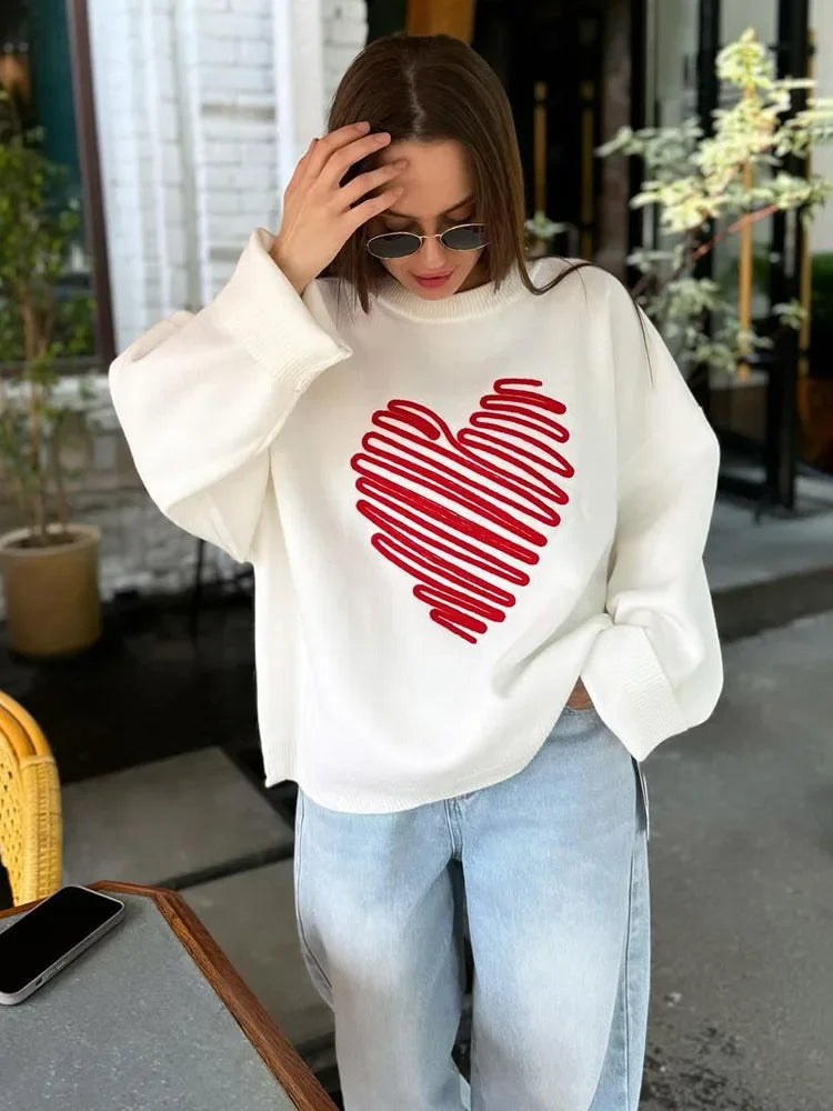 Women's Heart Knitted Loose Pullovers Long Sleeve Sweater