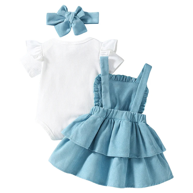 3pcs Baby Girls 0-18M Short Sleeves Ribbed Romper Crochet Flowers Suspender Skirt and Headband