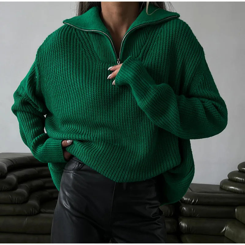 Women's Knitted Loose Zipper Lapel Pullovers Sweater