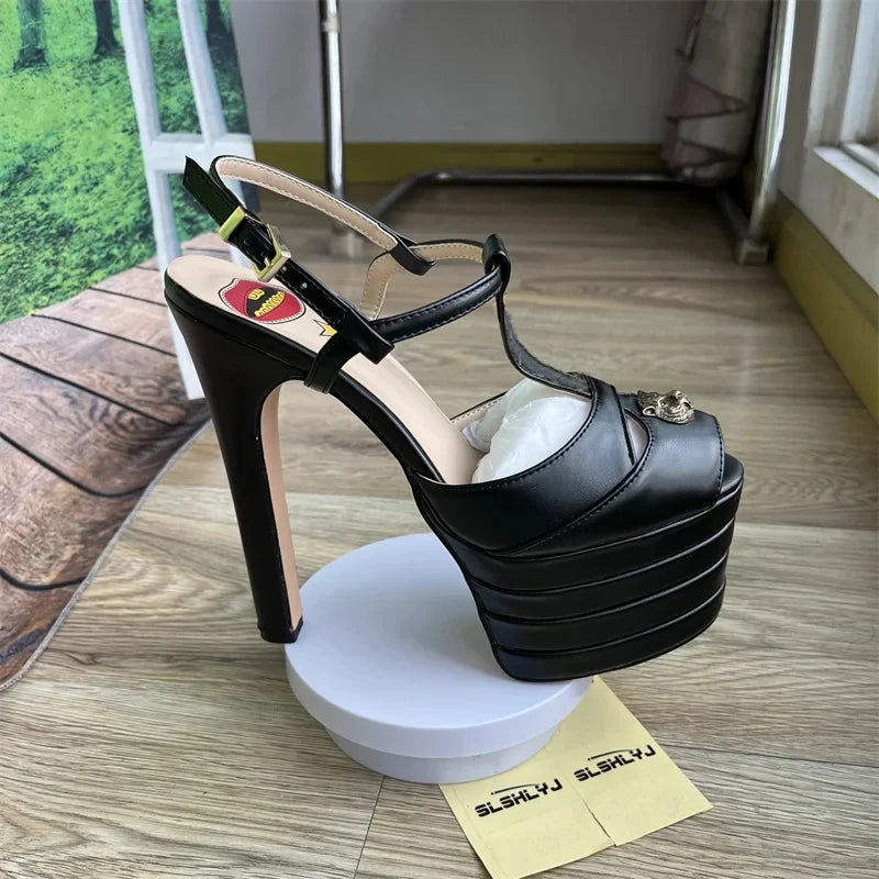 Women's Leather Platform Sandals - Wedge Heel Rivet T-Strap Sandals