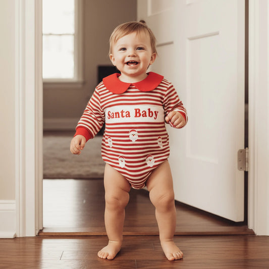Baby Christmas Striped Romper - Long Sleeve Jumpsuit with Doll Collar