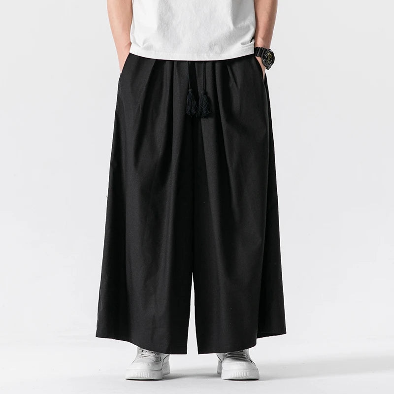 Men's Chinese Style Loose Wide Leg Summer Cotton Linen Casual Trousers