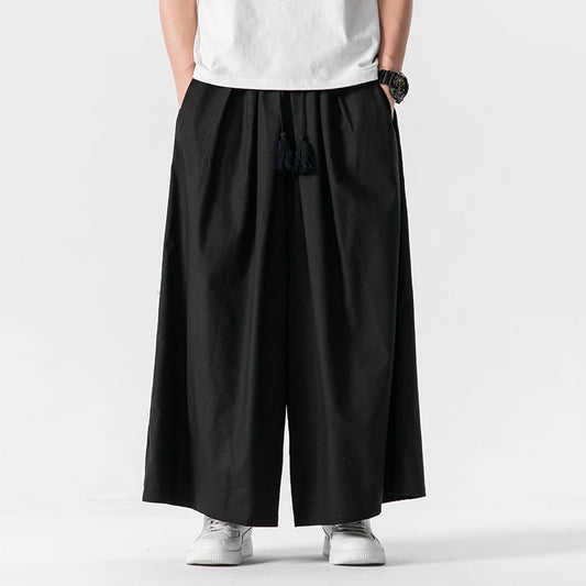 Men's Chinese Style Loose Wide Leg Summer Cotton Linen Casual Trousers