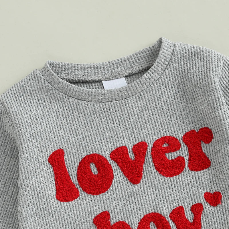 0-3Y Baby Boys Valentine's Day Clothes Sets Letter Embroidery Ribbed Long Sleeve Sweatshirts Drawstring Pants