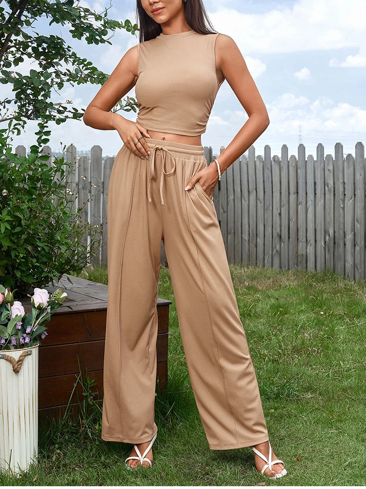 Women's Two-Piece Set - Sleeveless Top & Wide Leg Pants with Pockets