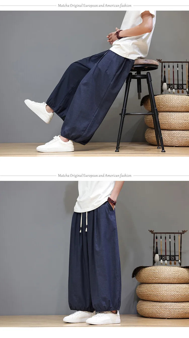 Men's Summer Wide Leg Pants Casual  Breathable Loose Ankle Length  Harem Trousers
