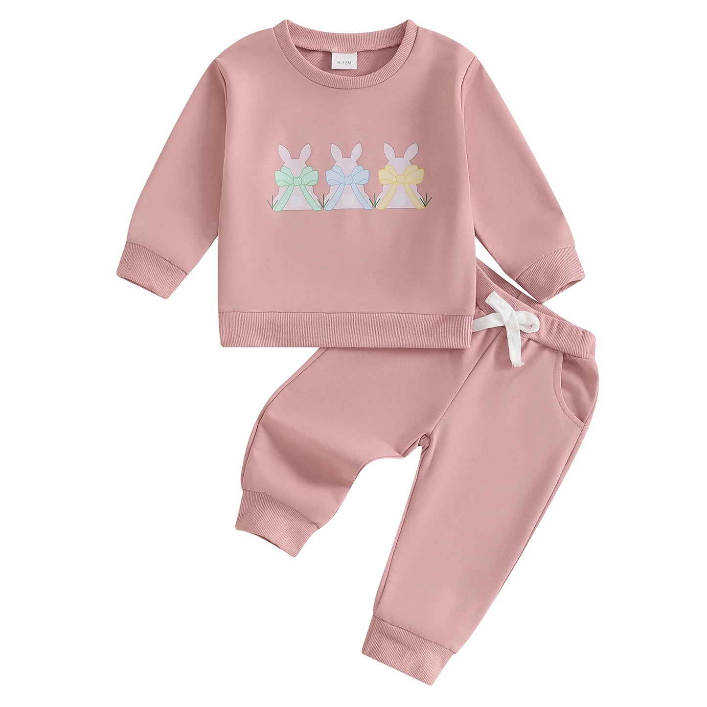 0-3Y  Baby Girls Easter Clothes Sets Rabbit Bow Print Long Sleeve Crew Neck Sweatshirt with Elastic Waist Pants