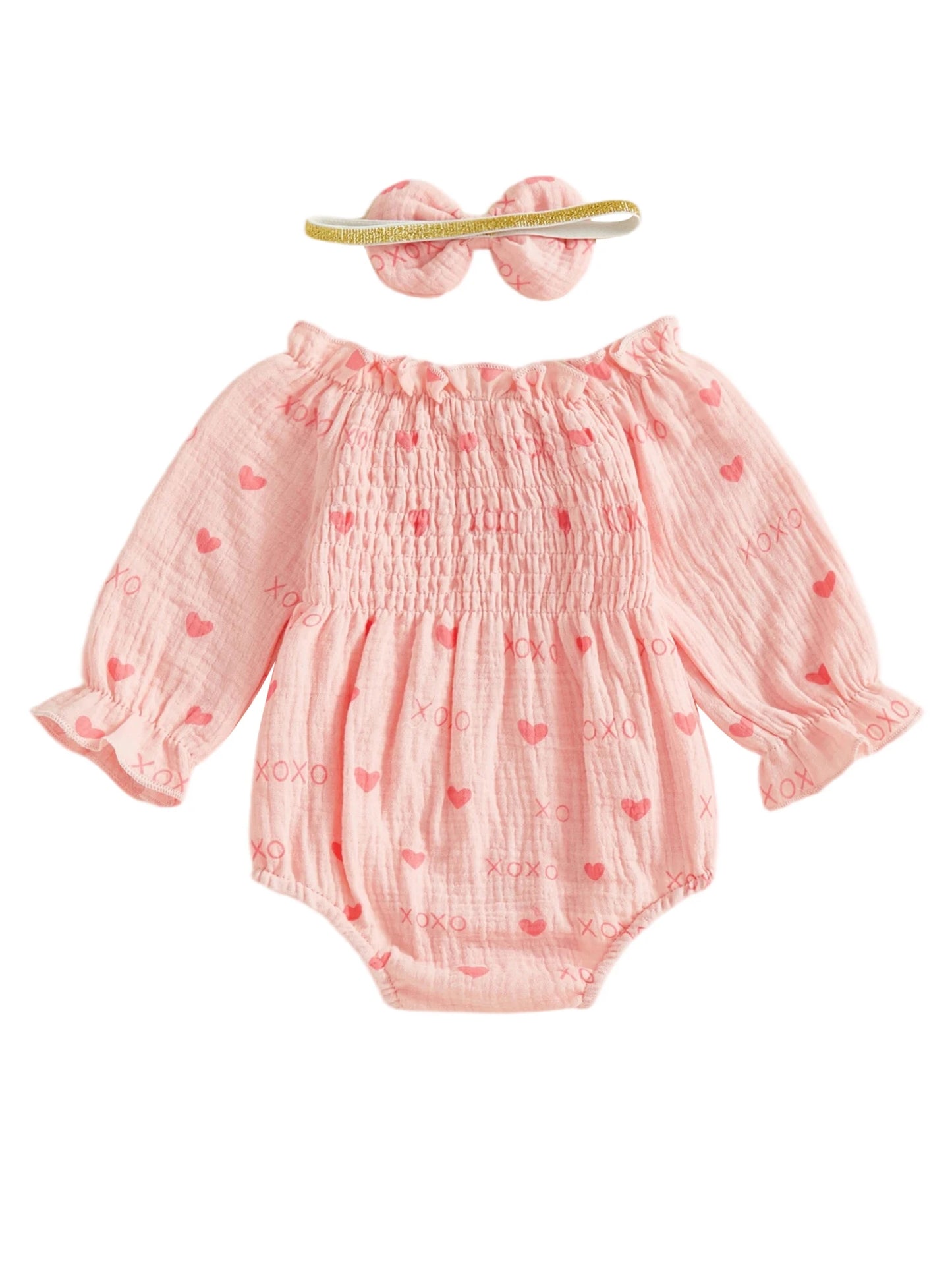Baby Girls Valentine's Day Romper - Heart Print Smocked Jumpsuit with Headband 0-18M