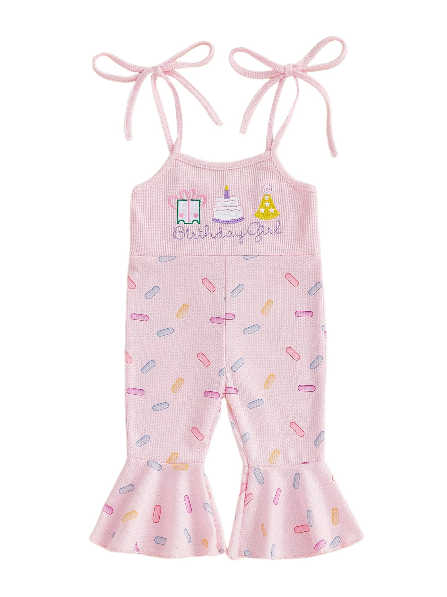 Toddler Girls Birthday Overalls Jumpsuit - Cake Embroidery Sleeveless Bell Bottom Flare Pants