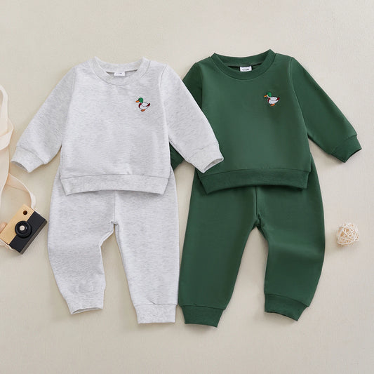 0-4Y Infant Baby Boys Fall Clothes Sets 2pcs Duck Embroidery Long Sleeve Crew Neck Tops with Elastic Waist Pants