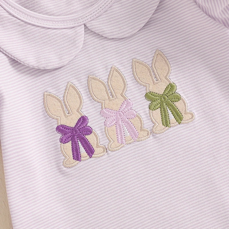 Baby Girls Easter Romper with Rabbit Embroidery - Peter Pan Collar Jumpsuit (0-18M)