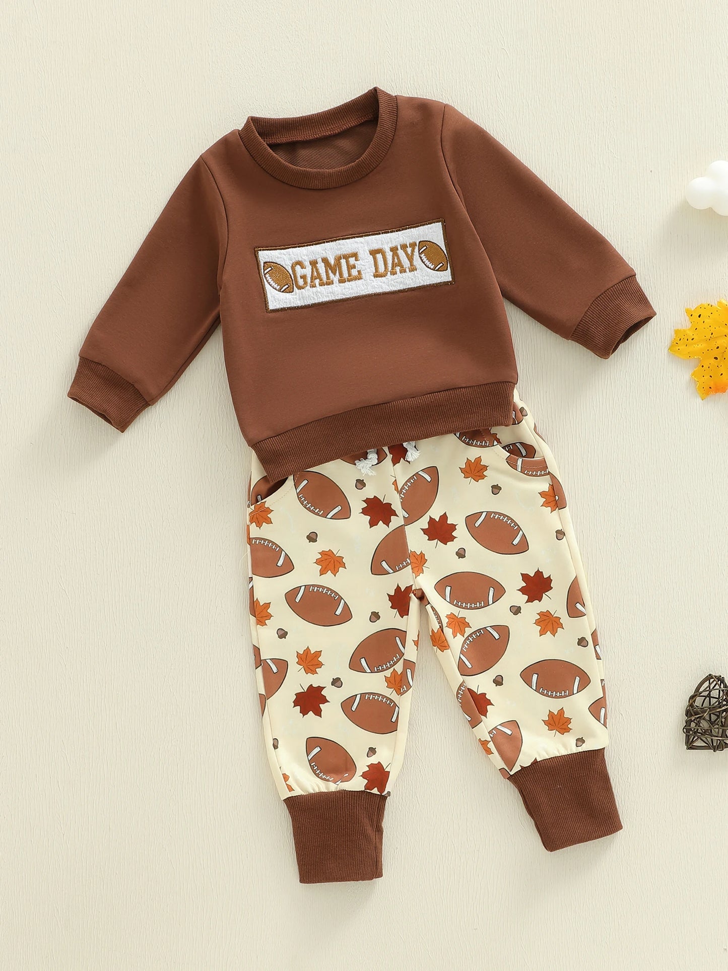 Baby Boys Thanksgiving Football Outfit Set - Rugby Long Sleeve Sweatshirt & Leaf Pants (0-3Y)