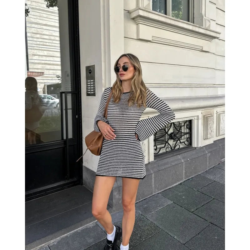 Women's High Waist Flare Sleeves Mini Dress Striped Knit  Bohemian Dress