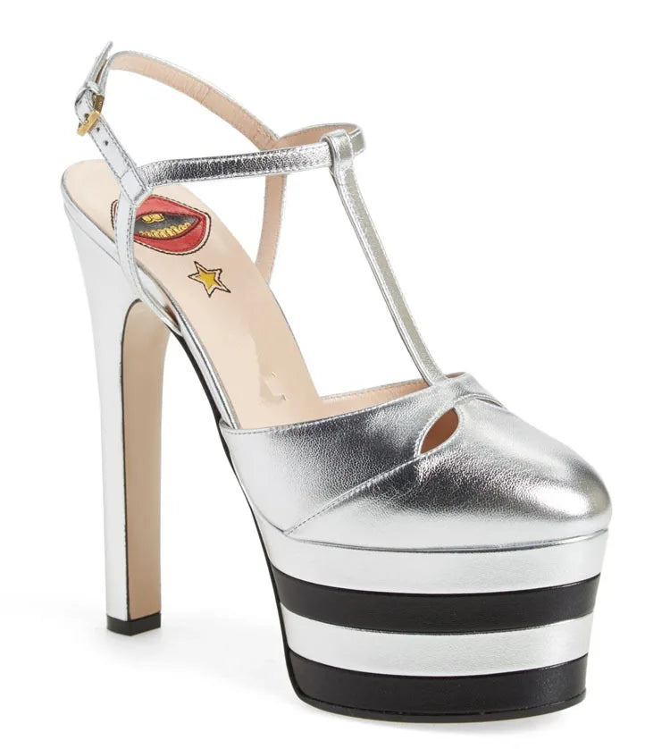 Women's Leather Platform Sandals - Wedge Heel Rivet T-Strap Sandals