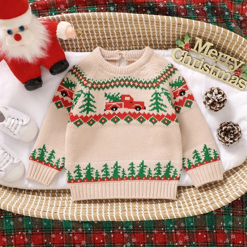 0-3Y Infant Baby Boys Christmas Sweaters Long Sleeve Round Neck Xmas Trees Embroidery Knit Pullovers Jumper Top