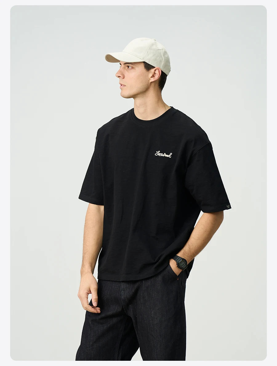 Heavyweight 300gsm Slub Cotton Oversized T-Shirt with Letter Embroidery