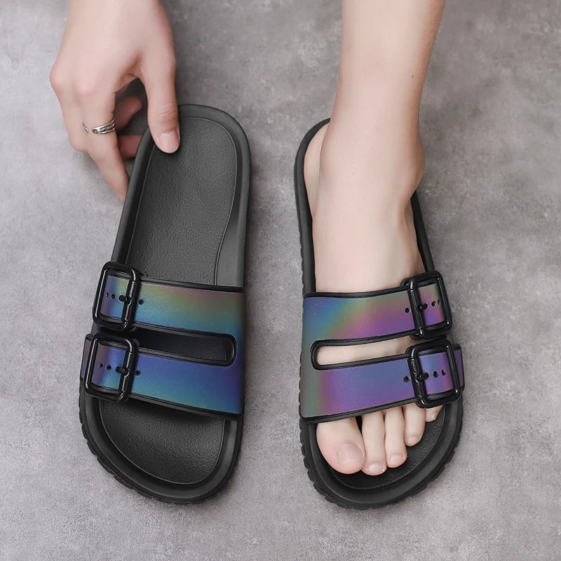 Men's Summer Slippers Laser Reflection Sandals Buckle Design Beach Slippers