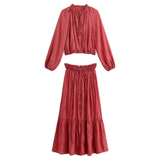 Women's Wrinkle Effect Long Sleeved Short Top Half Skirt Set