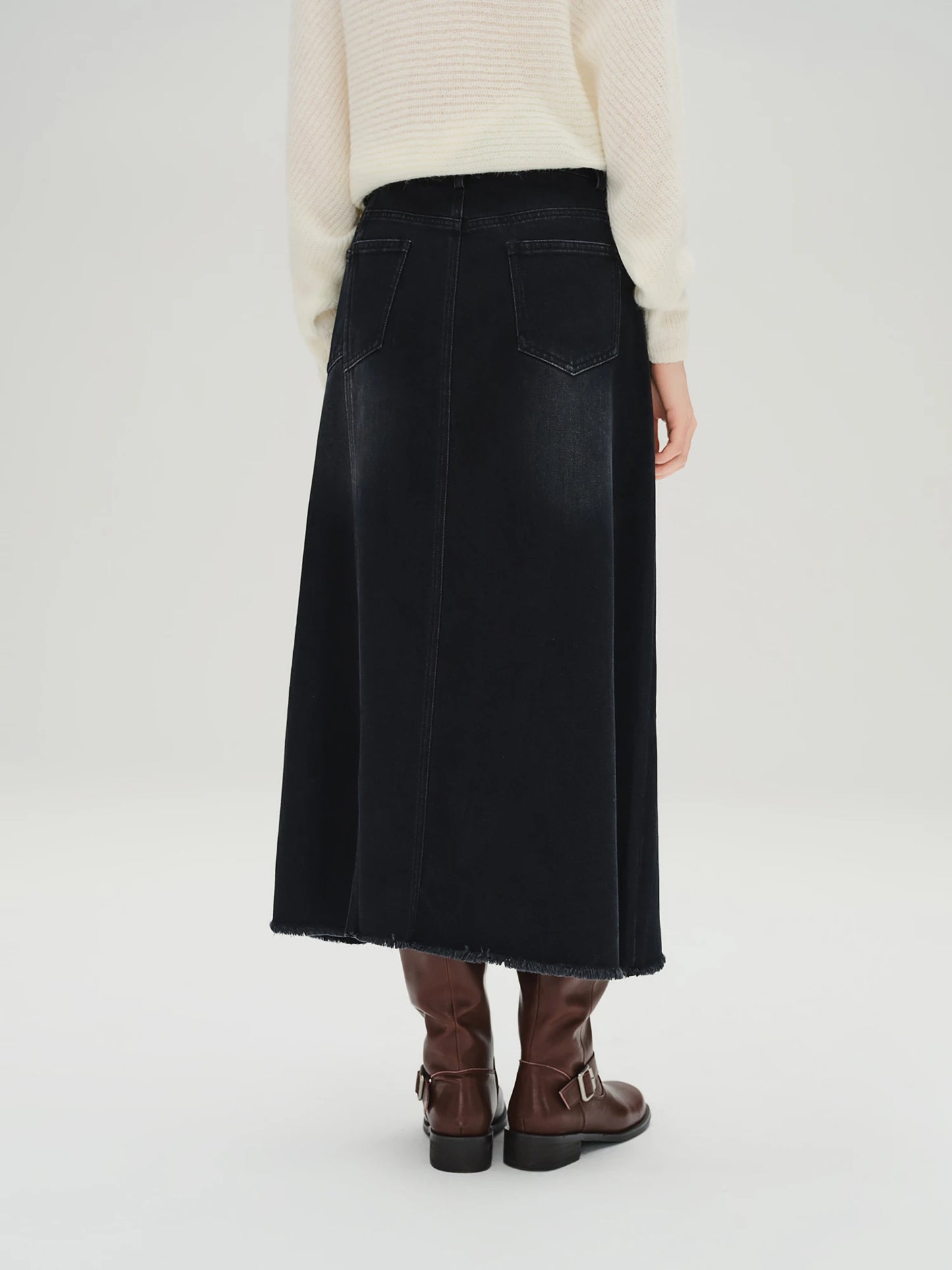 Black Denim Skirt High Waist Slimming Long Midi Skirt