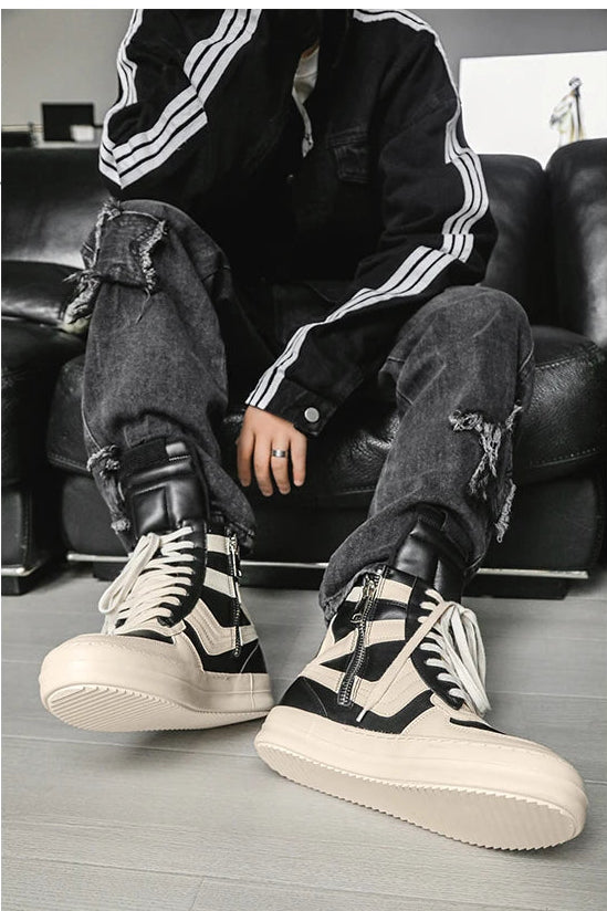 Men's High-Top Leather Sneakers - Lace-Up Ankle Boots