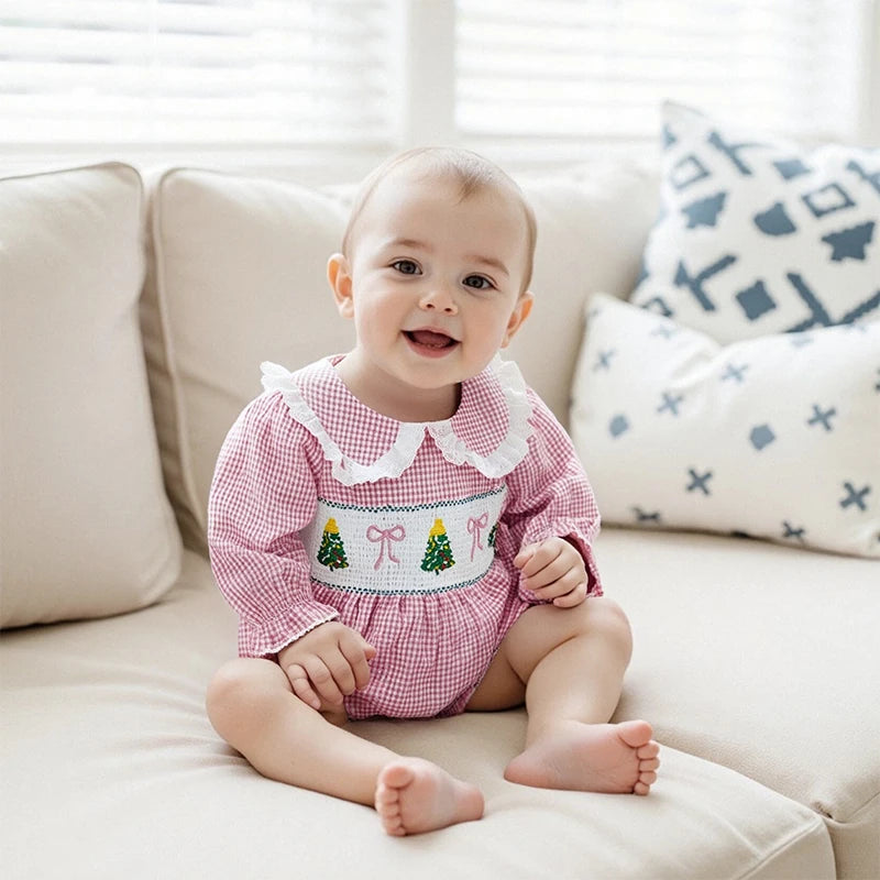 Baby Plaid Print Romper - Long Sleeve Bow Embroidery Doll Collar Jumpsuit