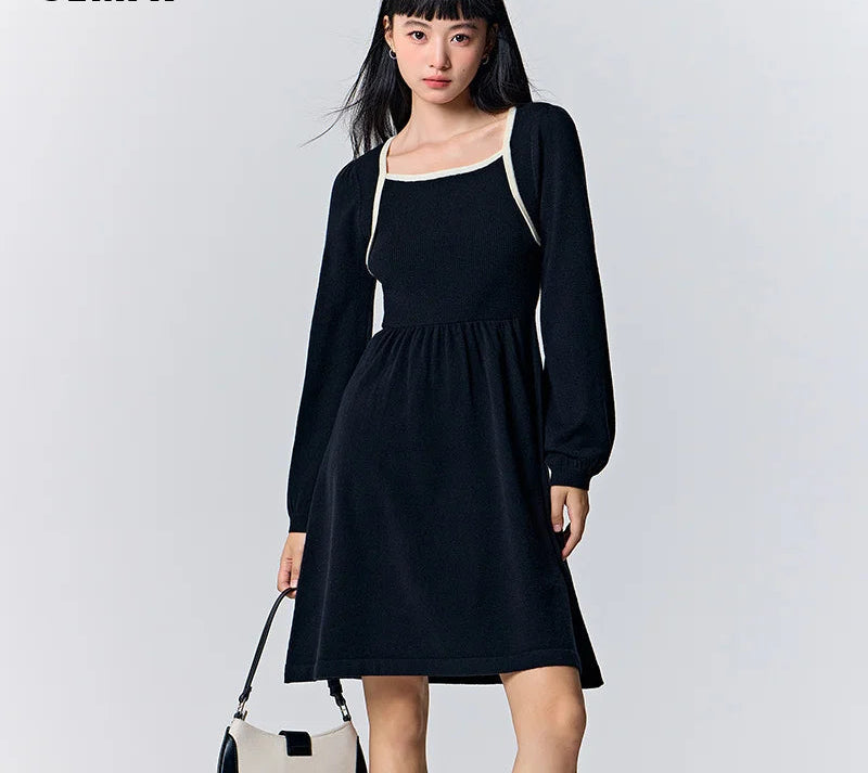 Women's Color Block Knit Dress - Square Neck French Style Slim Fit Winter 2025