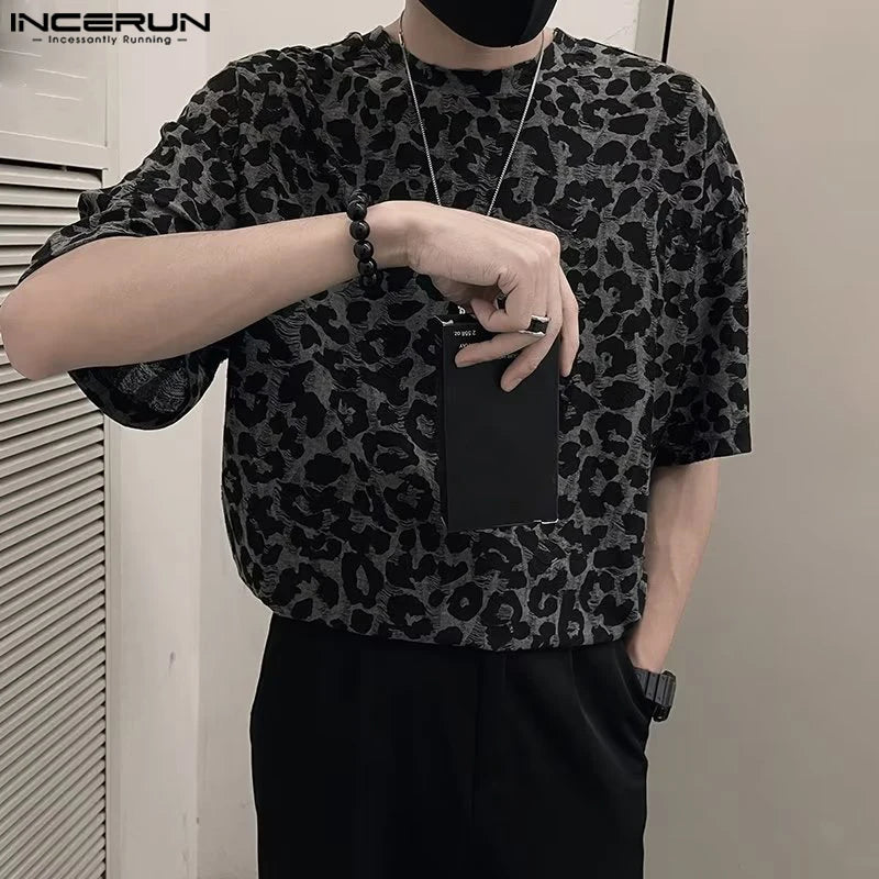 Men's Leopard Print Round Neck Short Sleeve Loose T-shirt