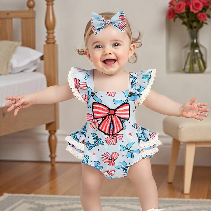 2pcs Baby Girls Independence Days Romper 0-18M Lace Flutter Sleeve Bow Embroidery Layered Hem Jumpsuit Headband