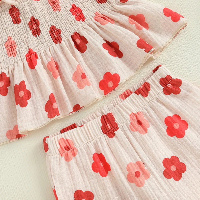 0-4Y Kids Girls Clothes Set Flower Print Sleeveless Lace Up Pleated Camisole with Trousers 2pcs Set