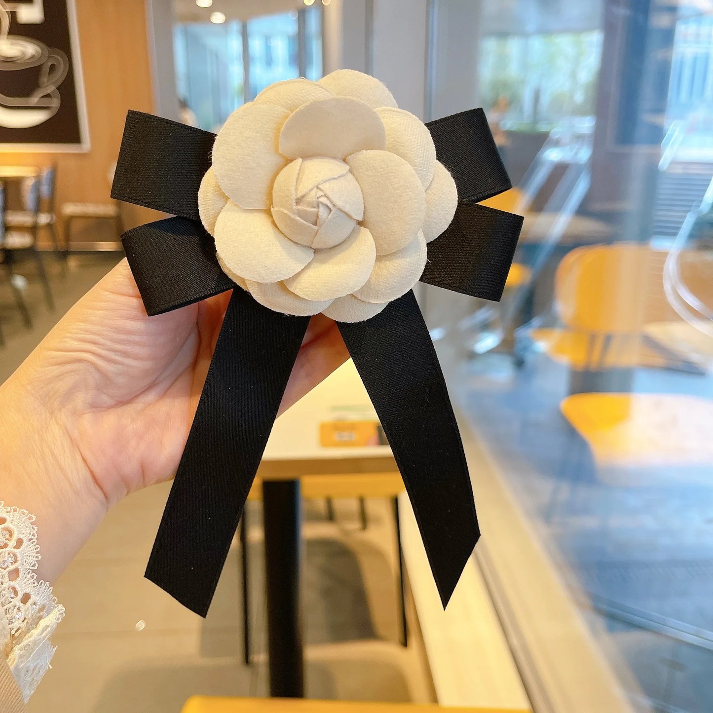 Vintage Camellia Flower Brooch with Lace Bow Tie