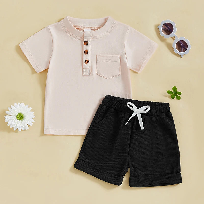 Casual Summer Baby Boys Button-Up Outfit Set - Round-Neck Top & Solid Color Shorts (0-4Y)