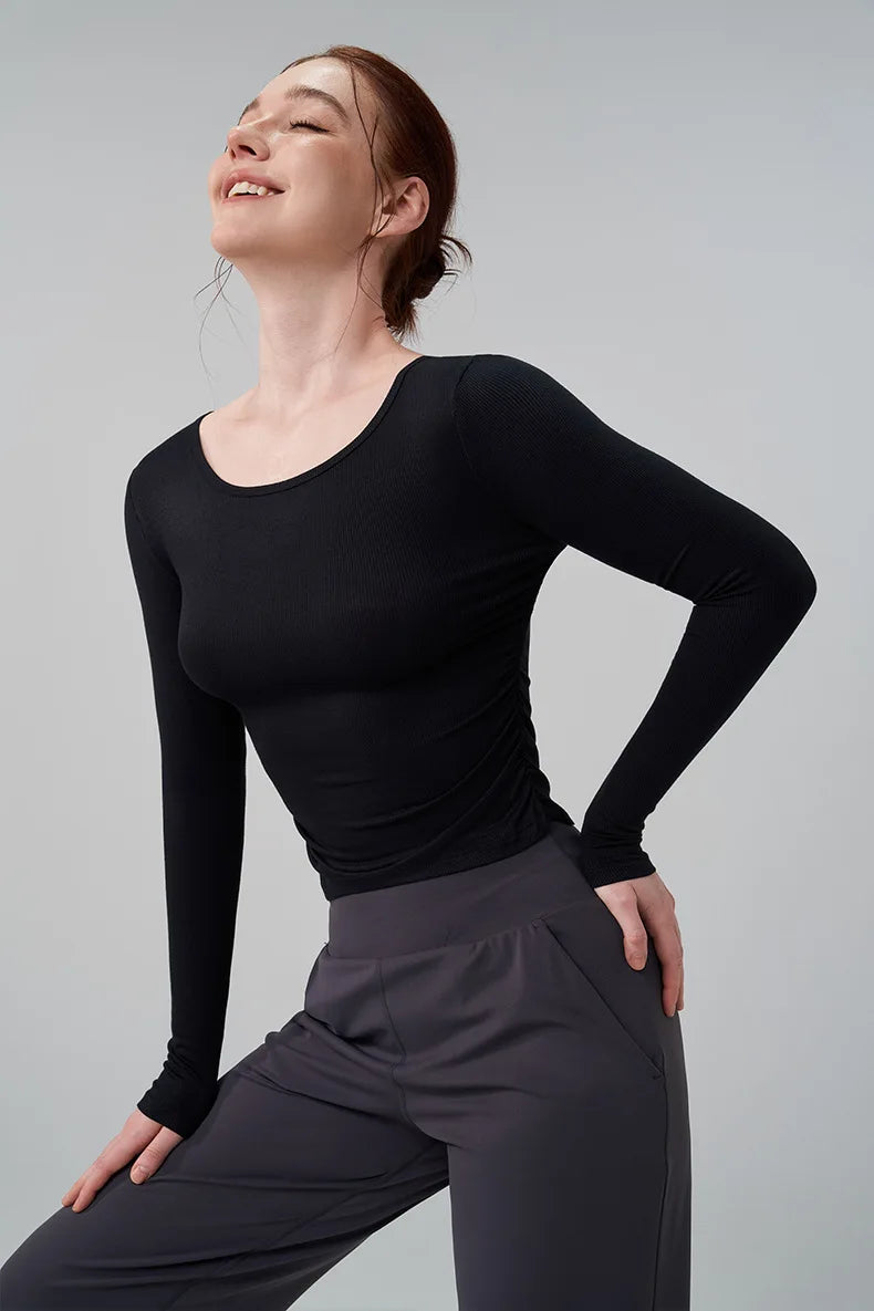 Ribbed Gym Top - Long Sleeve Drape Sides Yoga Shirt with Dry Fit