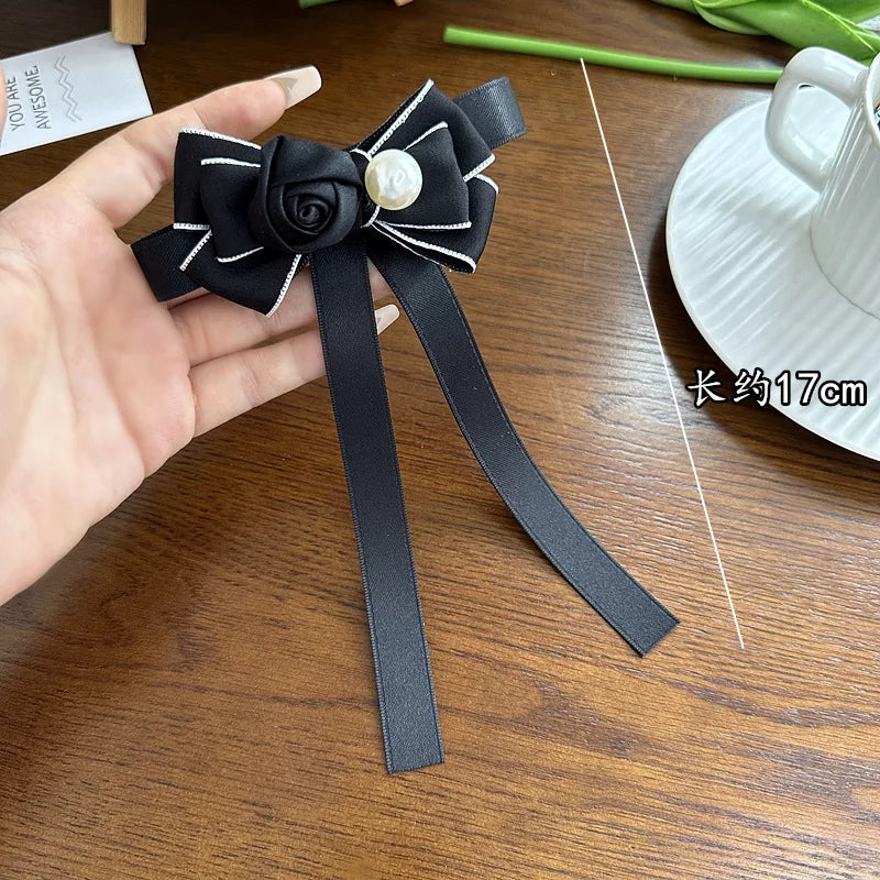Rose Flower Brooch with Pearl & Ribbon Bow - Women's Fashion Pin