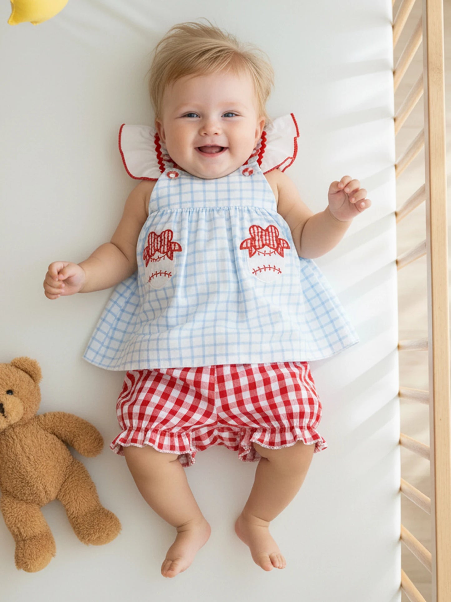 Toddler Girls 2-Piece Outfit Set - Plaid Baseball Embroidery Top & Shorts